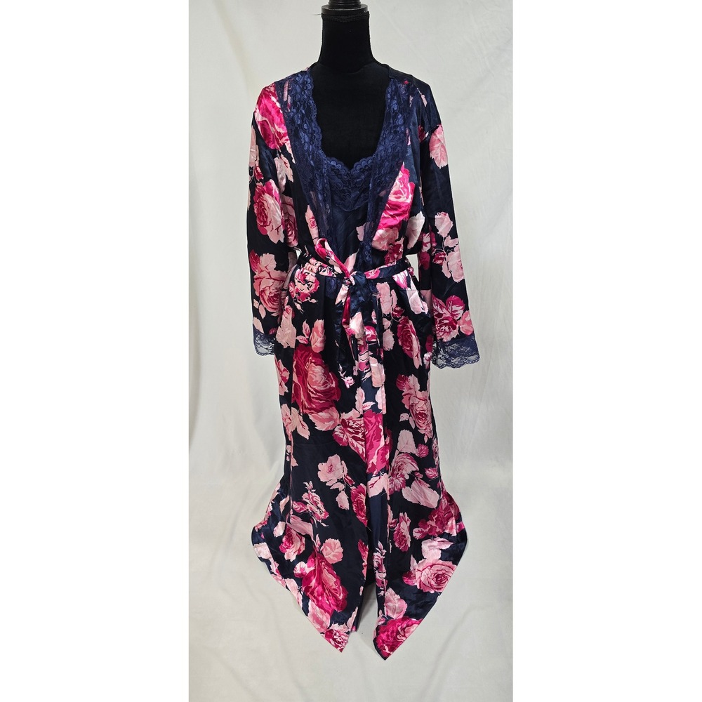 Amoureuse 2X floral robe nightgown set satin long sleeve lace navy pink roses